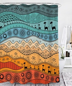 Desert Graphic Landscape Shower Curtain, Colorful Land Trees Animals Sun Bath Curtain Accessories