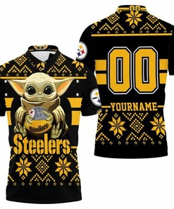 Design Baby Yoda Hugs Pittsburgh Steelers Ugly Sweater Personalized 3D All Over Print Polo Shirt