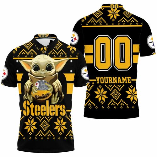 Design Baby Yoda Hugs Pittsburgh Steelers Ugly Sweater Personalized 3D All Over Print Polo Shirt