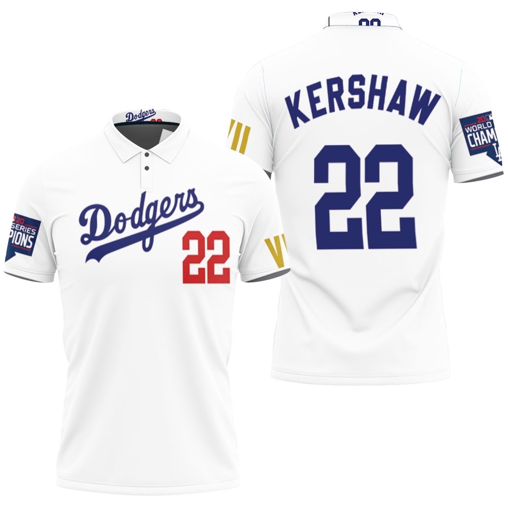 Design Los Angeles Dodgers Kershaw 22 2020 Championship Golden Edition White Jersey Inspired Style 3D All Over Print Polo Shirt