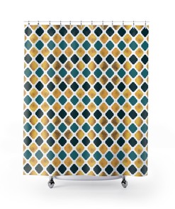 Diamond Shape Shower Curtain, Teal And Gold, Bathtub Curtain, Art Deco Bath