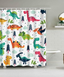 Dinosaur T-Rex Shower Curtain, Colorful Cute Fun Dino Fabric Bathroom Curtain, Kids Children Bathroom Themed