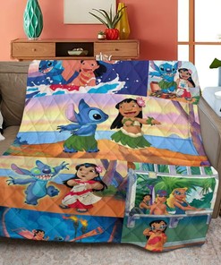 Disney Lilo And Stitch Ohana Mean Family Quilt Blanket Bedding Set, Funny Lilo And Stitch Dancing On The Beach Quilt Blanket Bedding Set
