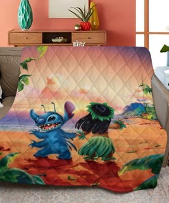 Disney Lilo And Stitch Quilt Blanket Bedding Set, Funny Lilo And Stitch Dancing On The Beach Quilt Blanket Bedding Set