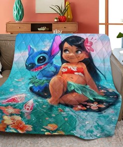 Disney Lilo And Stitch Quilt Blanket Bedding Set, Funny Lilo And Stitch On The Beach Quilt Blanket Bedding Set
