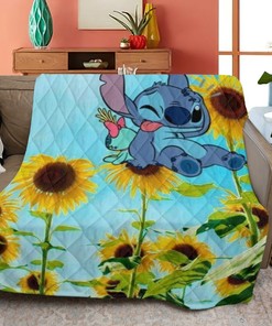 Disney Stitch Ohana Quilt Blanket Bedding Set, Funny Stitch With Sunflower Quilt Blanket Bedding Set