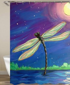 Dragonfly In Blue Hour Shower Curtain, Insect Evening Full Moon Dark Night, Home Bath Decor