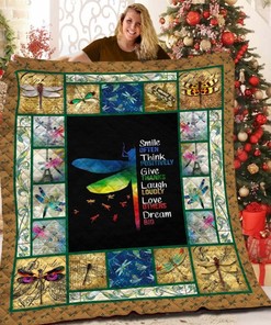Dragonfly Smile Often Think Positively Quilt Blanket