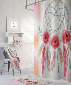 Dream Catcher Shower Curtain, Painted Rose Bath Mat, Bath Towels Option