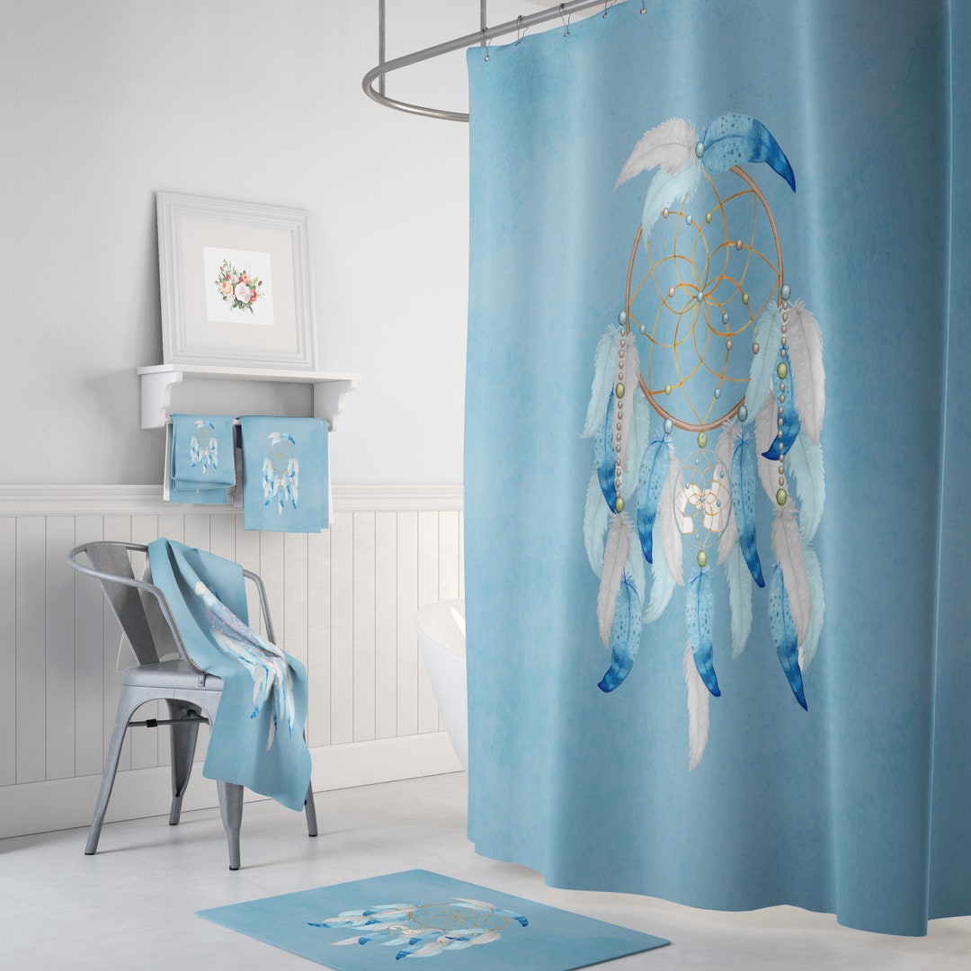 Dreamcatcher Shower Curtain Watercolor Aqua Many Variants Bath Towel Bath Mat Set Options