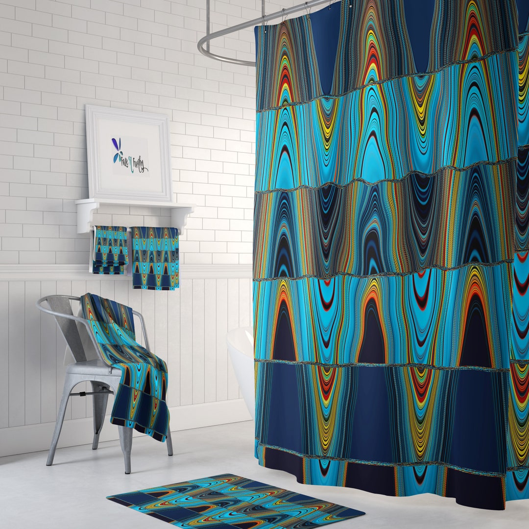 Eclectic Wave Shower Curtain, Blue Boho Bathroom Decor