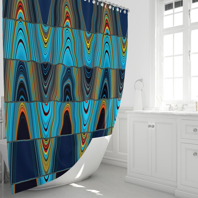 Eclectic Wave Shower Curtain, Blue Boho Bathroom Decor - Image 2