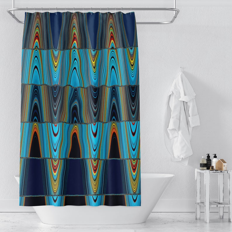 Eclectic Wave Shower Curtain, Blue Boho Bathroom Decor - Image 3