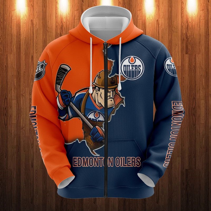 Edmonton Oilers Hoodie 3D Zip Hoodie 3D Cartoon Graphic Zip Hoodie for Fan
