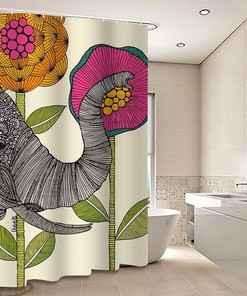 Elephant And Pink Flower Shower Curtain, Cute Africa Safari Animal Wildlife Kids Children Bathroom, Home Bath Decor