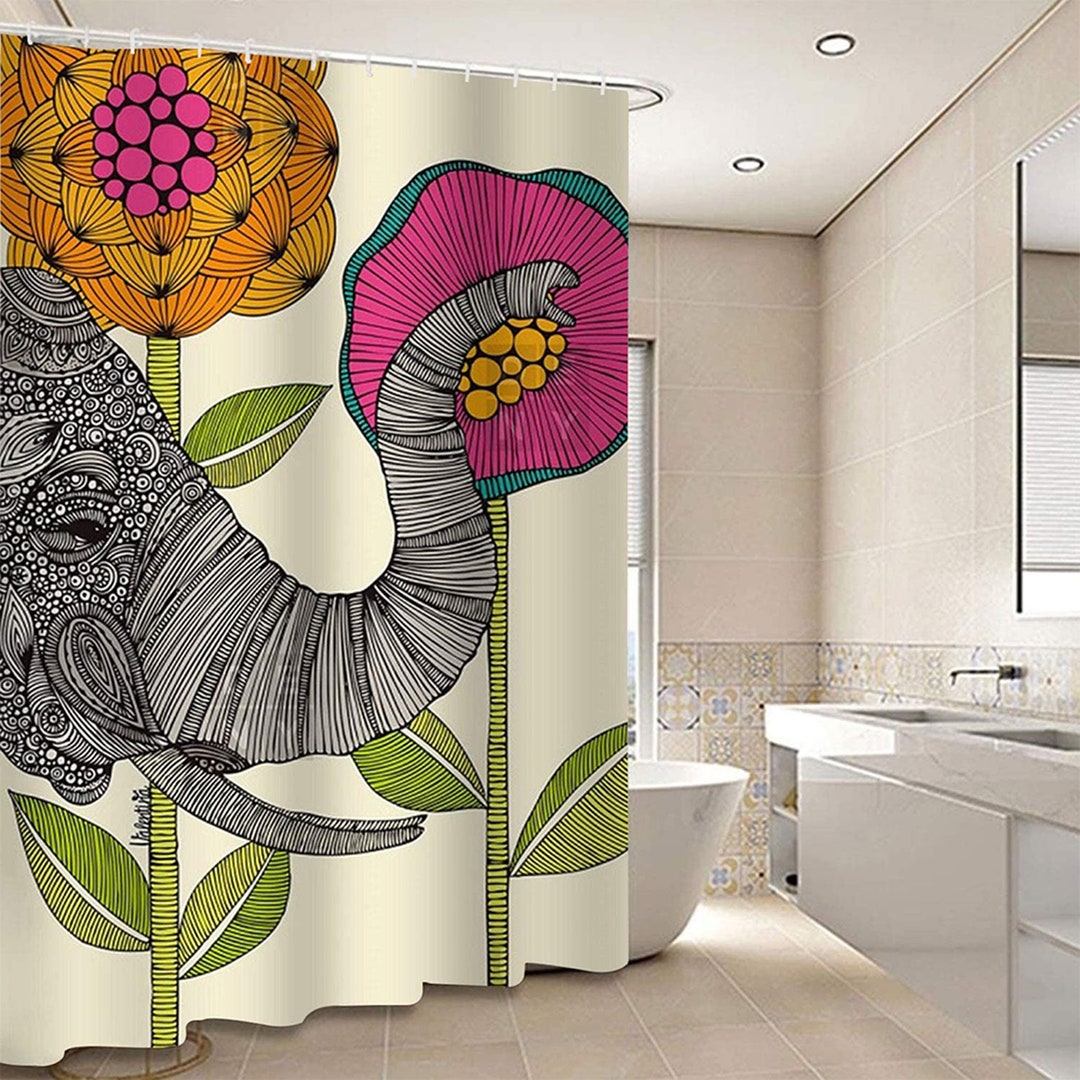 Elephant And Pink Flower Shower Curtain, Cute Africa Safari Animal Wildlife Kids Children Bathroom, Home Bath Decor