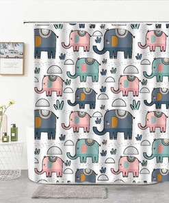 Elephant In The Jungle Shower Curtain, Pink Blue Giant Cute Animal, Fabric Bath Curtain, Home Decor Accessories Kids Children