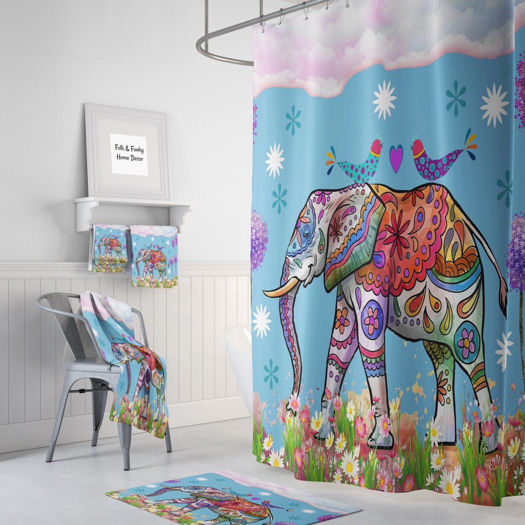 Elephant Shower Curtain, Boho Indie Bathroom Decor