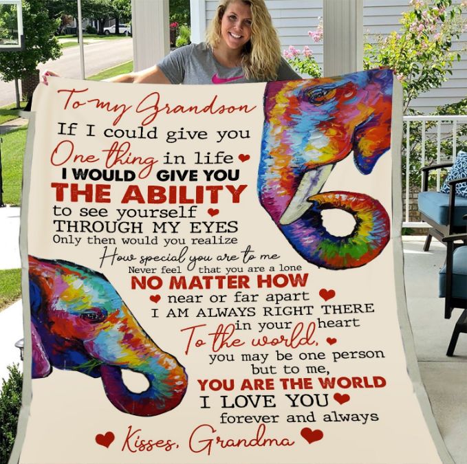 Elephant To My Grandson You Are The World I Love You Fleece Blanket From Grandma To Grandson
