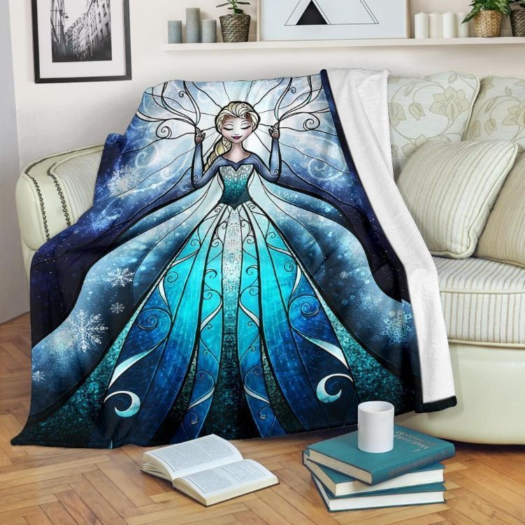 Elsa Princess Stain Glasses Style Fleece Blanket Gift For Fan, Quilt Blanket Bedding Set Gift