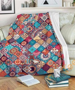 Ethnic Bohemian Mandala Pattern Sherpa Fleece Blanket Gifts for Family, for Couple