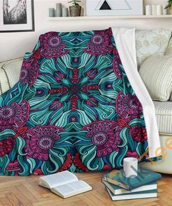 Ethnic Teal Bohemian Pattern Sherpa Fleece Blanket Gifts for Family, for Couple