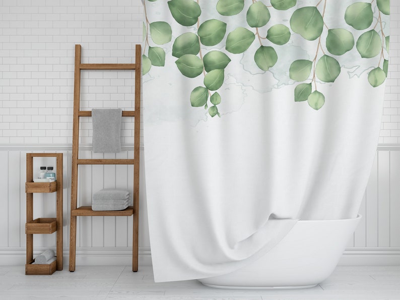 Eucalyptus Leaves Shower Curtain, Botanical Shower Curtain, Watercolor Bath Curtain, Floral Bathroom Decor - Image 2