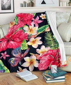 Exotic Hibiscus Flowers Pattern Sherpa Fleece Blanket Gifts for Family, for Couple
