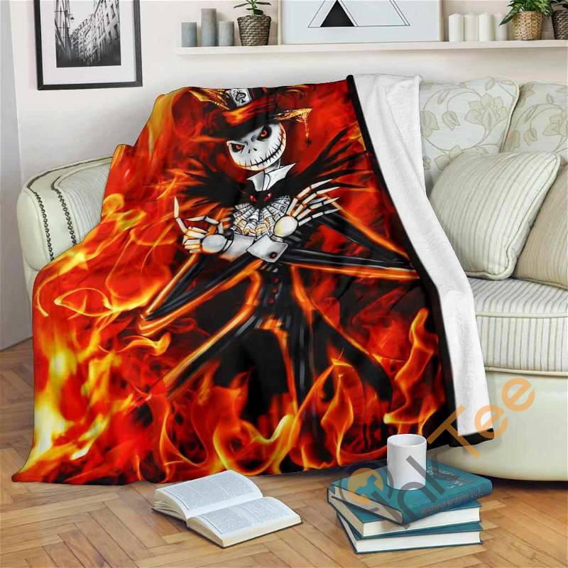 Fire Jack Skellington Sherpa Fleece Blanket Gifts for Family, for Couple