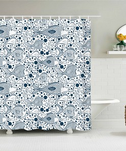 Fish White Blue Shower Curtain, Japanese Nordic Ocean Sea Fishes Underwater, Home Bath Decor