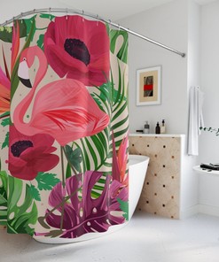 Flamingo 1950's Retro Tropical Birds of Paradise Monstera, Hibiscus Mid Modern Flamingo Shower Curtain