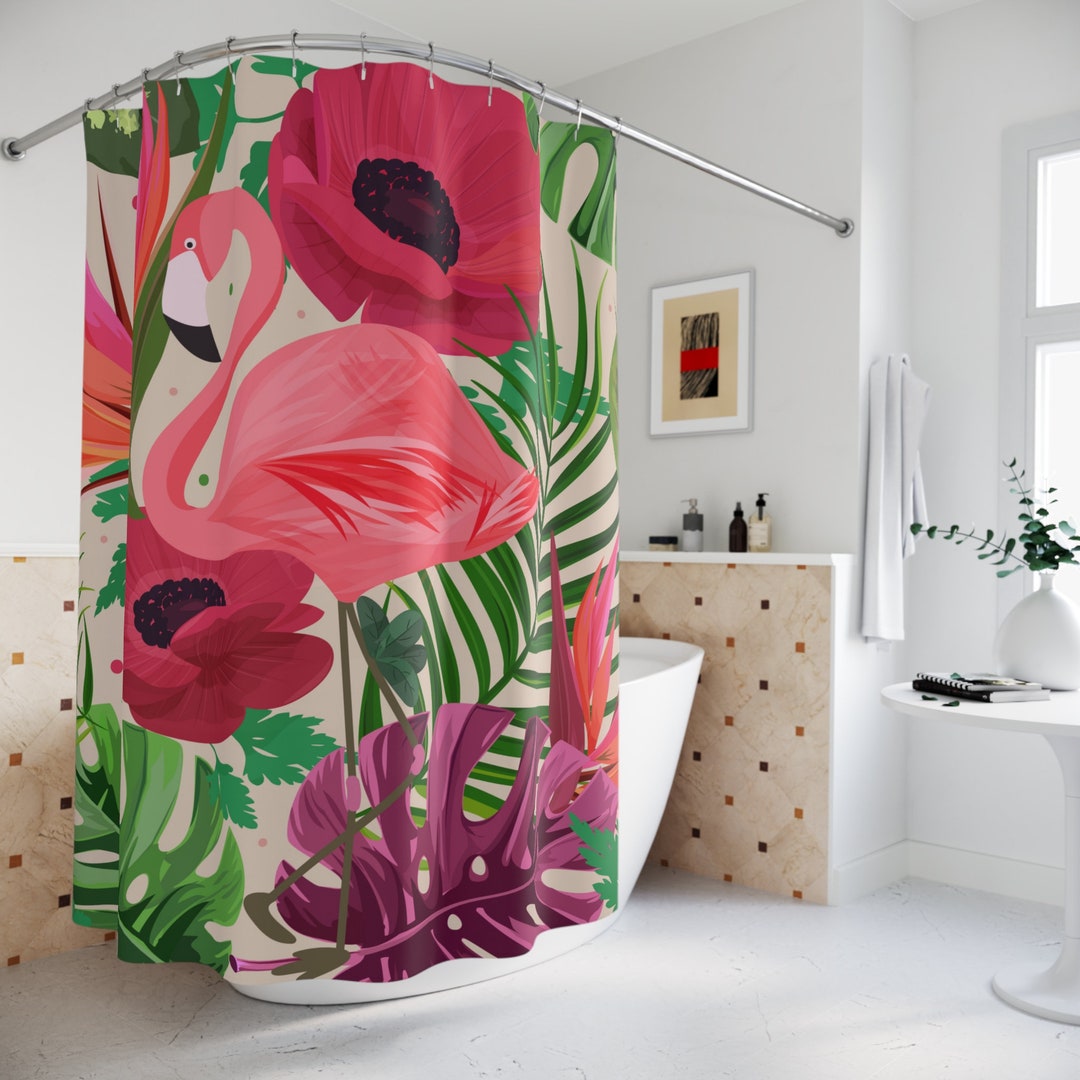 Flamingo 1950's Retro Tropical Birds of Paradise Monstera, Hibiscus Mid Modern Flamingo Shower Curtain