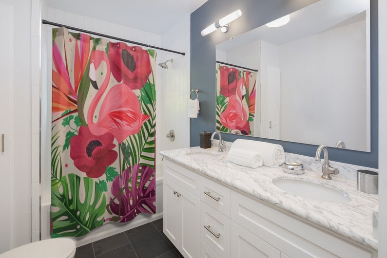 Flamingo 1950's Retro Tropical Birds of Paradise Monstera, Hibiscus Mid Modern Flamingo Shower Curtain - Image 2