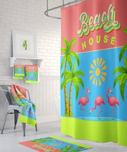 Flamingo Beach House Shower Curtain Optional Bath Mat Towels Many Variants