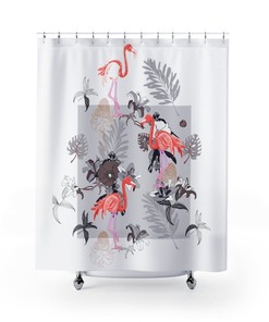 Flamingo Curtain Retro 50's Pink, Gray Mid Century Modern Flamingo Tropical Shower Curtain