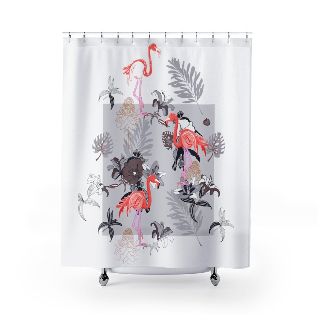 Flamingo Curtain Retro 50's Pink, Gray Mid Century Modern Flamingo Tropical Shower Curtain