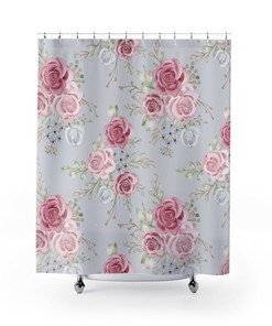 Floral Contemporary Shower Curtain, Pink Roses On Gray Girls' Bathroom Decor