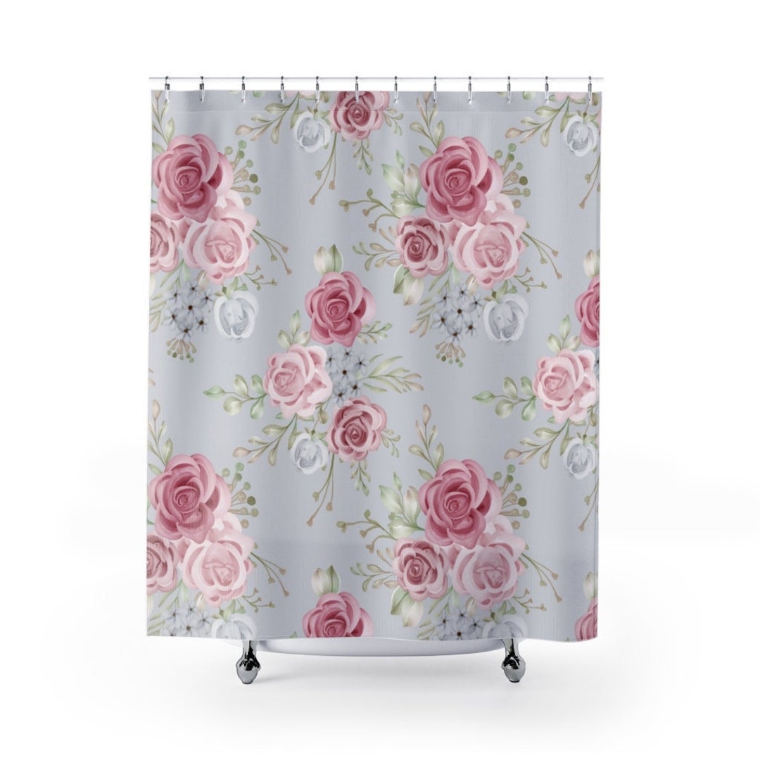 Floral Contemporary Shower Curtain, Pink Roses On Gray Girls' Bathroom Decor