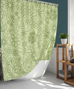 Floral Dragonfly Green Shower Curtain, Botanical Tropical Forest Flowers, Graphic Fabric Bathroom Curtain