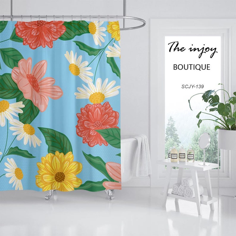 Floral Flowers Shower Curtain, Tropical Plants Bathroom Bathtubs Home Decor, Machine Washable Customizable Sizes Curtains - Image 2