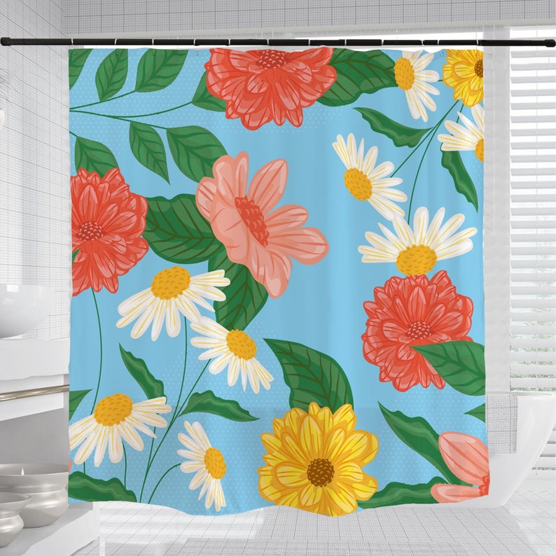 Floral Flowers Shower Curtain, Tropical Plants Bathroom Bathtubs Home Decor, Machine Washable Customizable Sizes Curtains - Image 3
