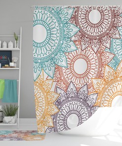 Floral Geometric Shower Curtain, Colorful Abstract Retro Fabric Bathroom Curtain And, House Warming Gift