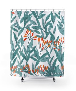 Floral Greenery Shower Curtain Botanical Bath Curtain, Bathroom Decor, Watercolor Leaves Bath Decor