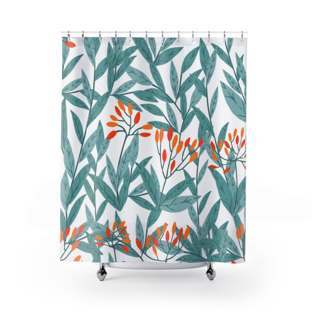 Floral Greenery Shower Curtain Botanical Bath Curtain, Bathroom Decor, Watercolor Leaves Bath Decor
