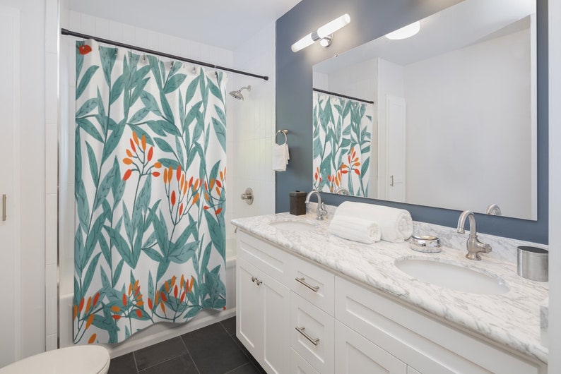 Floral Greenery Shower Curtain Botanical Bath Curtain, Bathroom Decor, Watercolor Leaves Bath Decor - Image 2