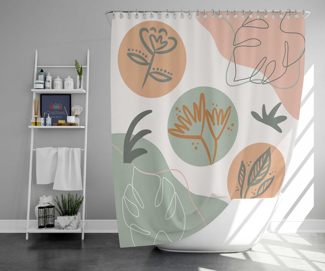 Floral Leaves Boho Shower Curtain, Bohemian Botanical Foliage Fabric Bathroom Curtain, House Warming Gift