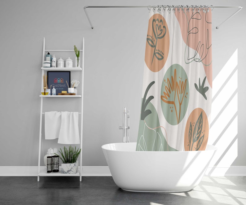 Floral Leaves Boho Shower Curtain, Bohemian Botanical Foliage Fabric Bathroom Curtain, House Warming Gift - Image 2