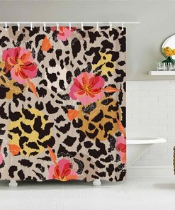 Floral Leopard Print Shower Curtain, Animal Pink Flowers Fabric Curtain Accessories