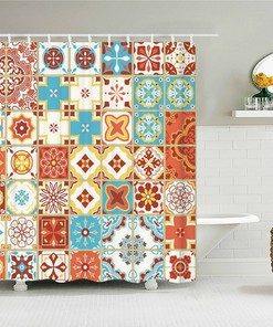 Floral Mosaic Tile Boho Shower Curtain, Bohemian Chic Geometric Blue Mandala, Fabric Bath Curtain