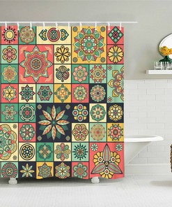 Floral Mosaic Tile Boho Shower Curtain, Bohemian Chic Geometric Blue Mandala Home Bathroom Decor